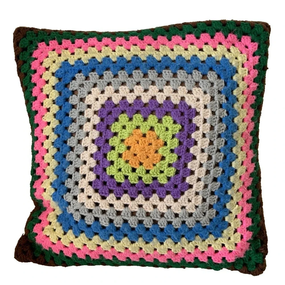 Vintage 2 Granny Square Crochet Throw Pillow & Case Rainbow Handmade Decorative